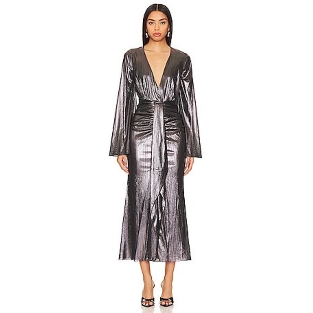 NWT Caroline Constas Gunmetal Silver Draped Style Metallic Shimmer Dress Large
